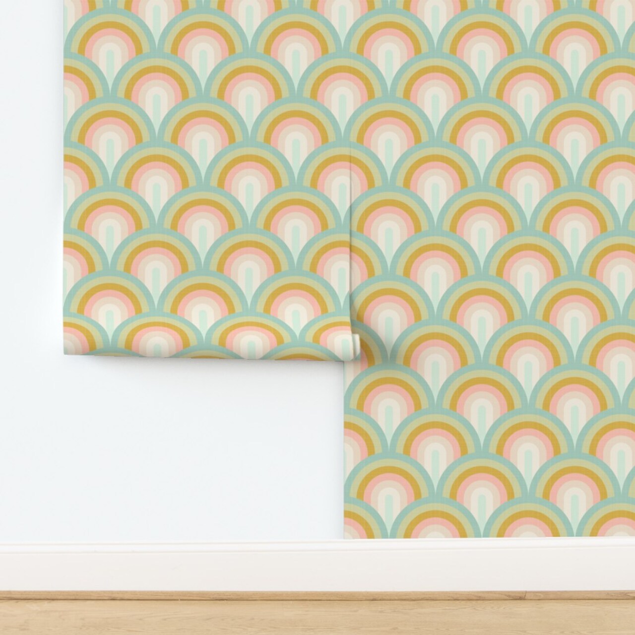 Boho Rainbow Scallop Minimalist Modern Geometric Art Deco Warm Pastel Soft Gold Blush Pink Aqua Mint Custom Removable Wallpaper by Spoonflower Peel & Stick Wallpaper 2FT Wide